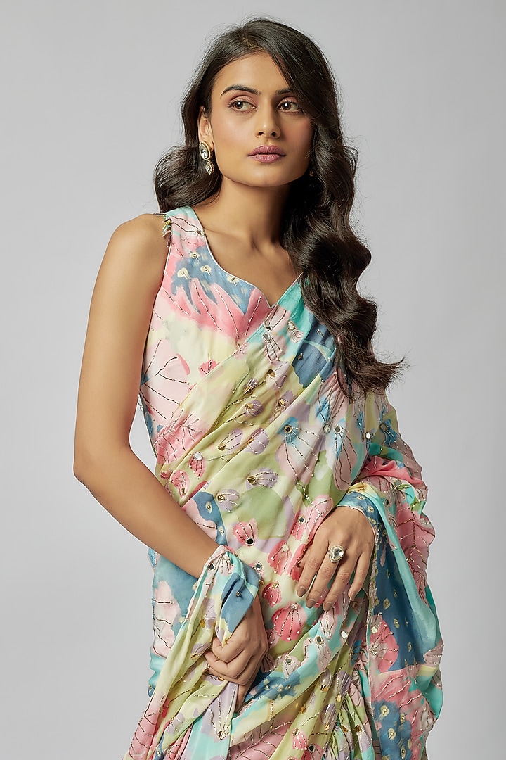Multi-Colored Crepe Euphoria Digital Printed Pre-Stitched Frilled Reception Saree Set by Payal Singhal at Pernia's Pop Up Shop