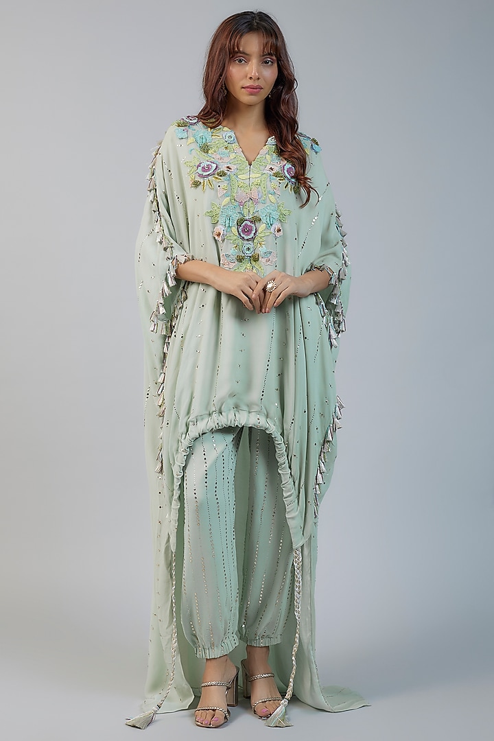 Powder Blue Muskaish Georgette Embroidered High-Low Kurta Set by Payal Singhal