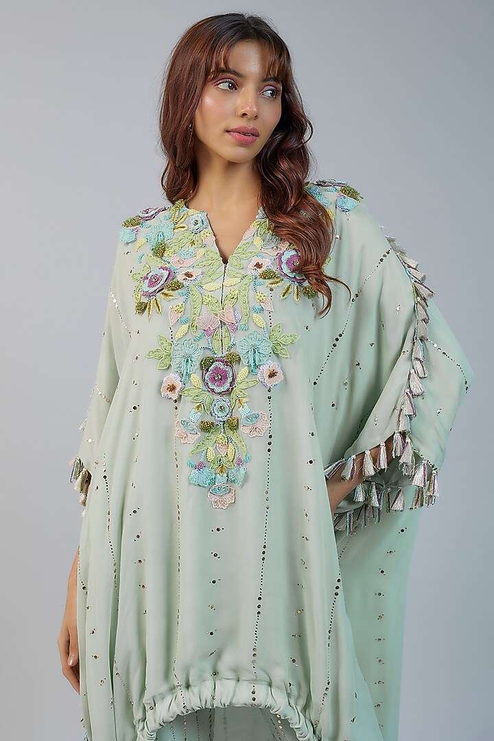Powder Blue Muskaish Georgette Embroidered High-Low Kurta Set by Payal Singhal at Pernia's Pop Up Shop