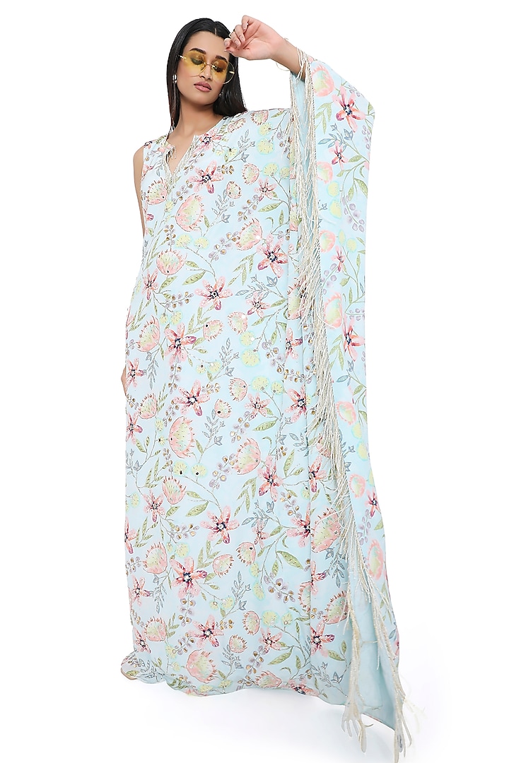 Lavender Crepe Printed & Embroidered Ruffled Kaftan by Payal Singhal at Pernia's Pop Up Shop