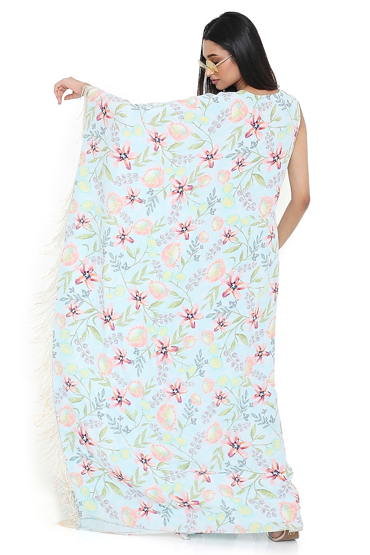 Lavender Crepe Printed & Embroidered Ruffled Kaftan by Payal Singhal at Pernia's Pop Up Shop