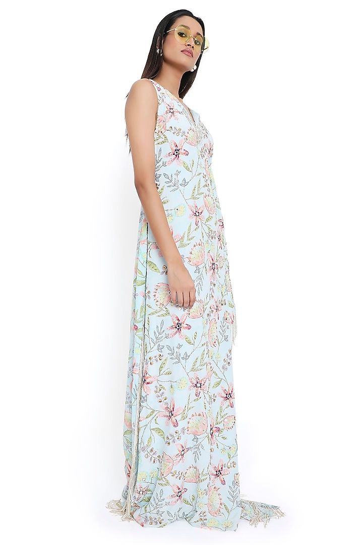Lavender Crepe Printed & Embroidered Ruffled Kaftan by Payal Singhal at Pernia's Pop Up Shop