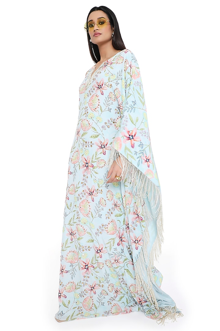 Lavender Crepe Printed & Embroidered Ruffled Kaftan by Payal Singhal at Pernia's Pop Up Shop