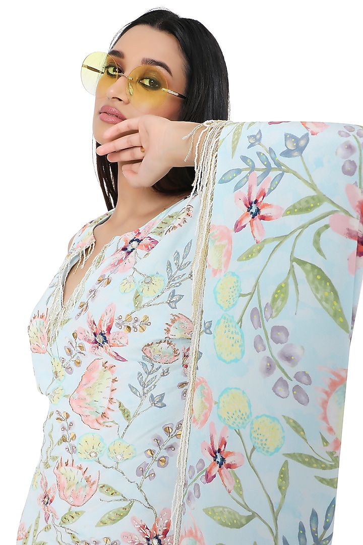 Lavender Crepe Printed & Embroidered Ruffled Kaftan by Payal Singhal at Pernia's Pop Up Shop
