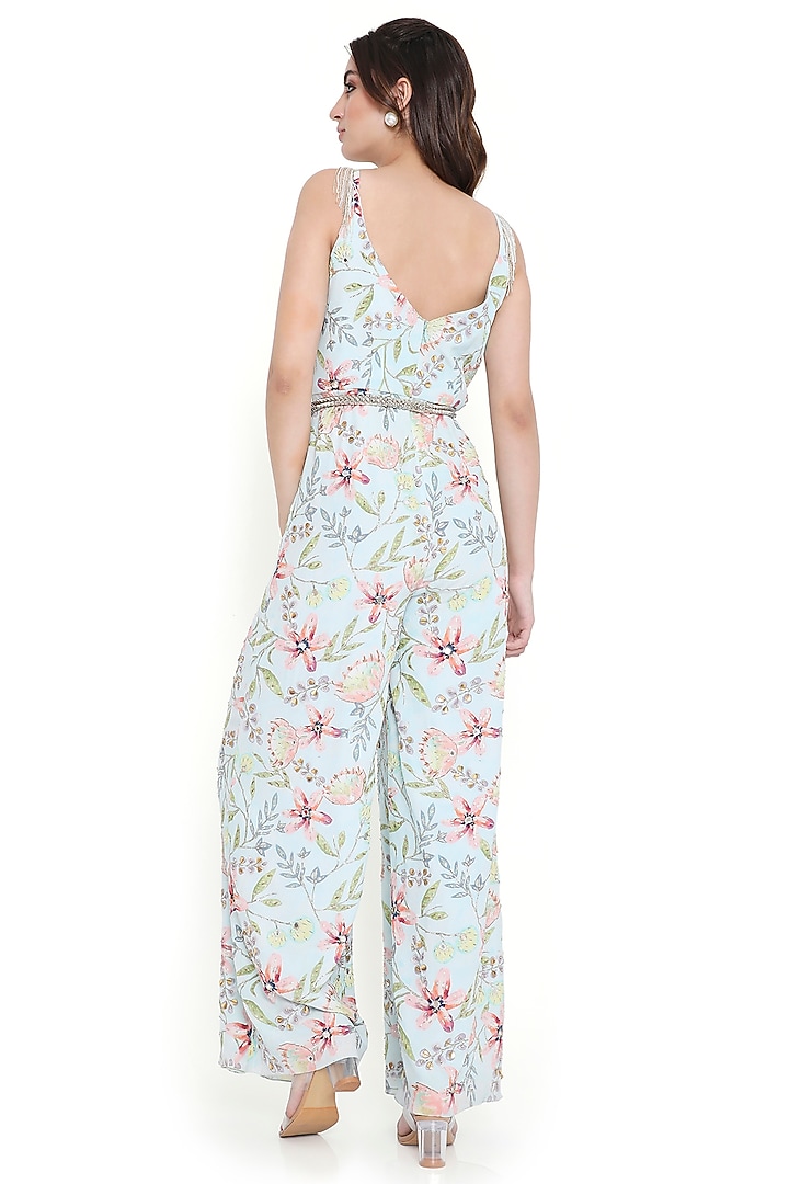 Lavender Crepe Printed & Embroidered Jumpsuit by Payal Singhal at Pernia's Pop Up Shop