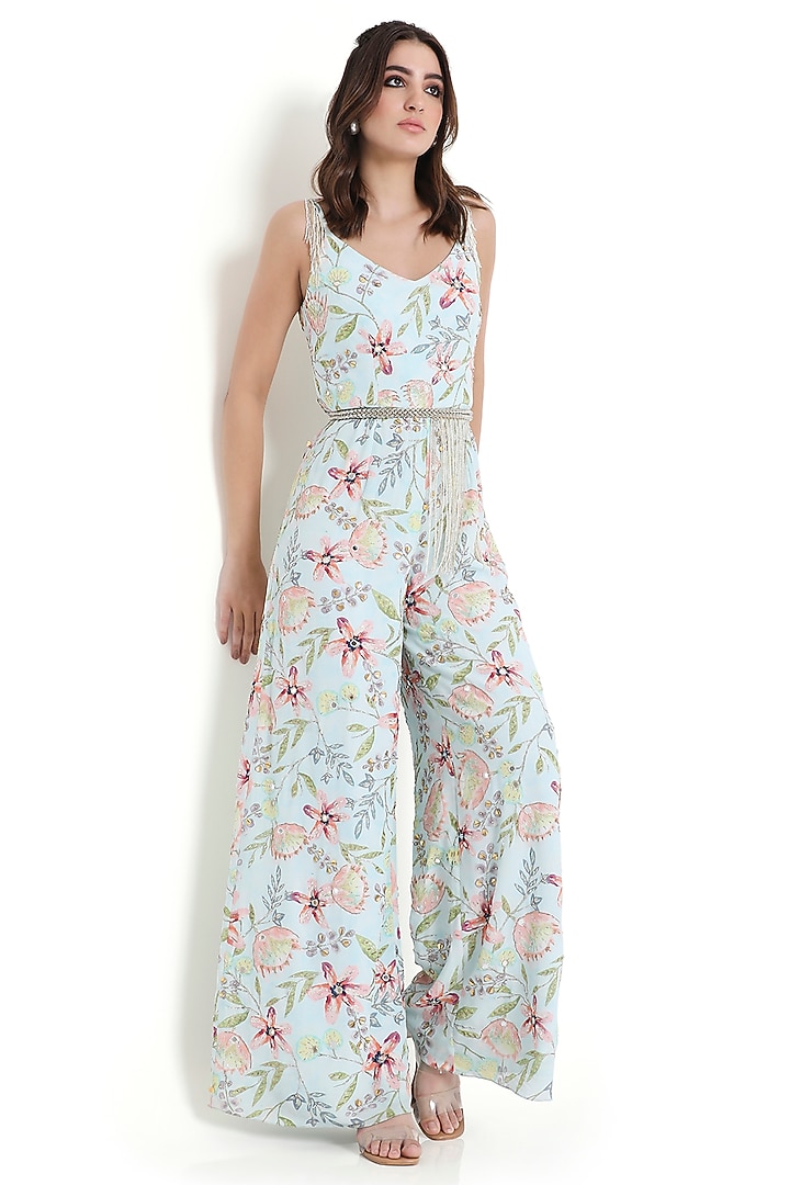 Lavender Crepe Printed & Embroidered Jumpsuit by Payal Singhal at Pernia's Pop Up Shop