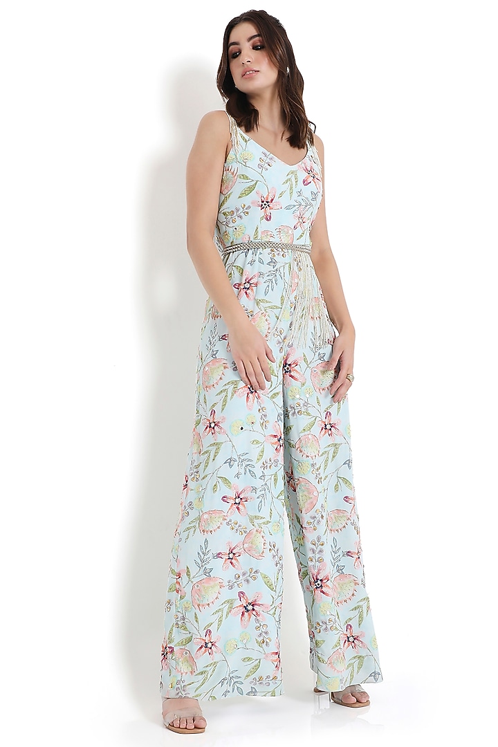 Lavender Crepe Printed & Embroidered Jumpsuit by Payal Singhal at Pernia's Pop Up Shop