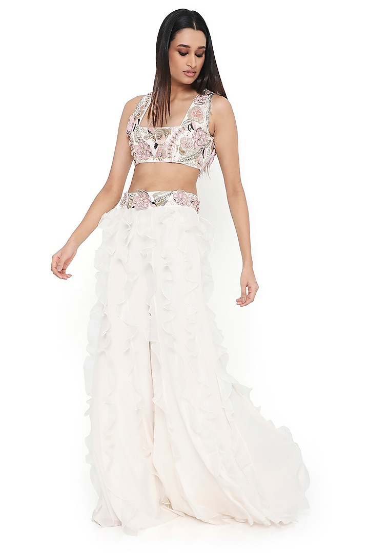 Off-White Georgette & Organza Ruffled Bridal Sharara Set by Payal Singhal at Pernia's Pop Up Shop