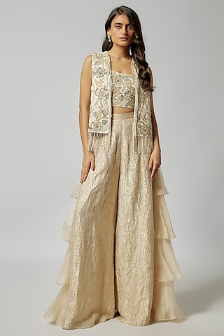 Off-White Tissue & Organza Ruffled Pant Set by Payal Singhal