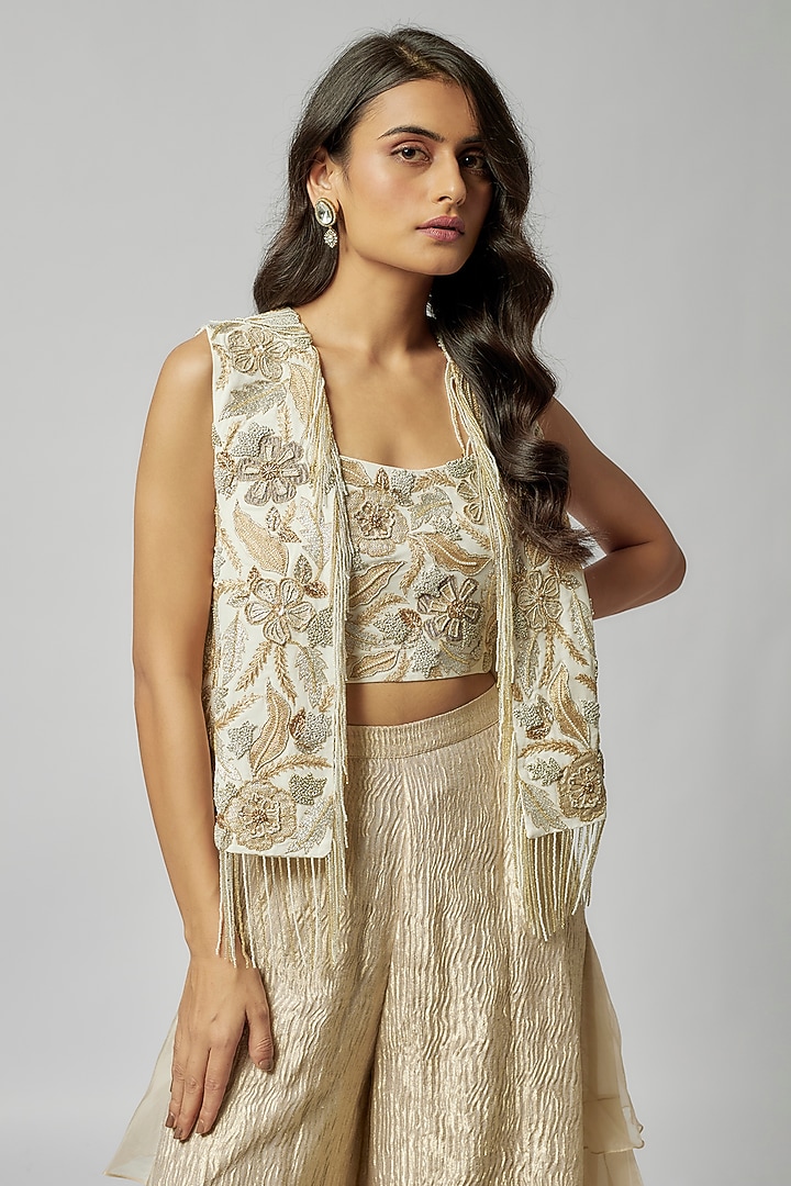 Off-White Tissue & Organza Ruffled Pant Set by Payal Singhal at Pernia's Pop Up Shop