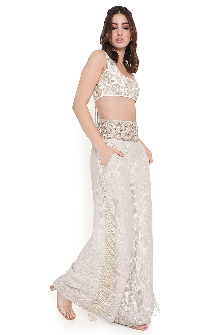 Off-White Tissue Mirror Work Pant Set by Payal Singhal at Pernia's Pop Up Shop