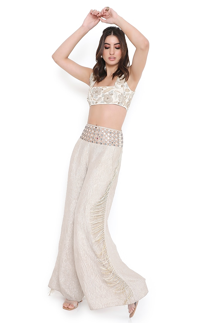 Off-White Tissue Mirror Work Pant Set by Payal Singhal at Pernia's Pop Up Shop