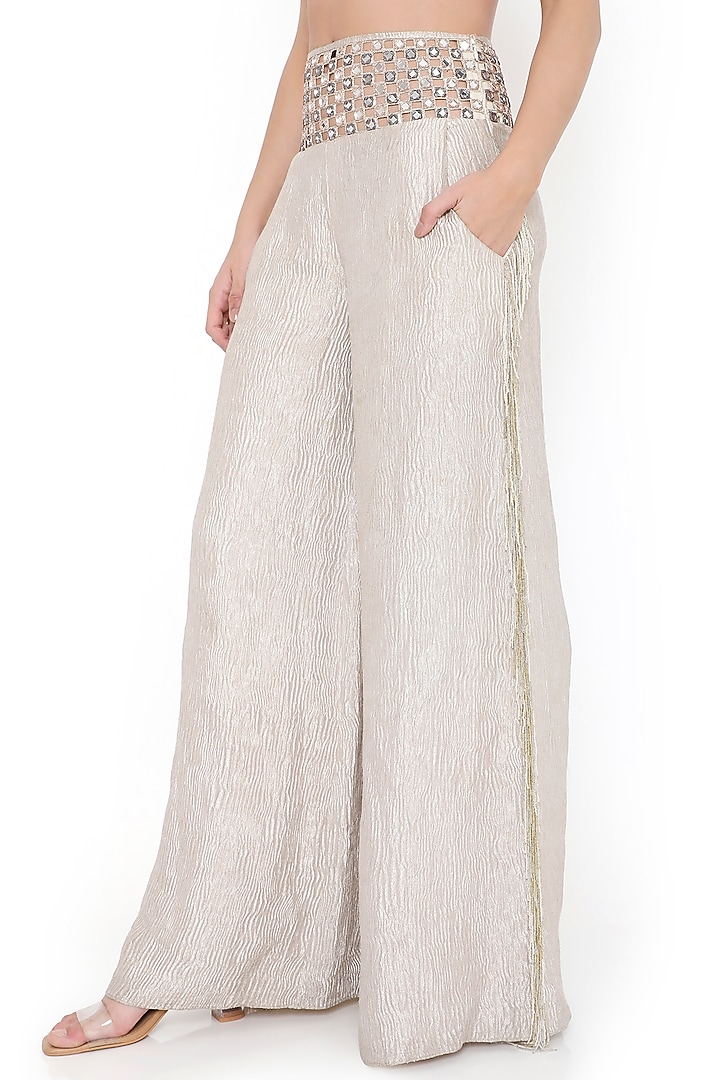 Off-White Tissue Mirror Work Pant Set by Payal Singhal at Pernia's Pop Up Shop
