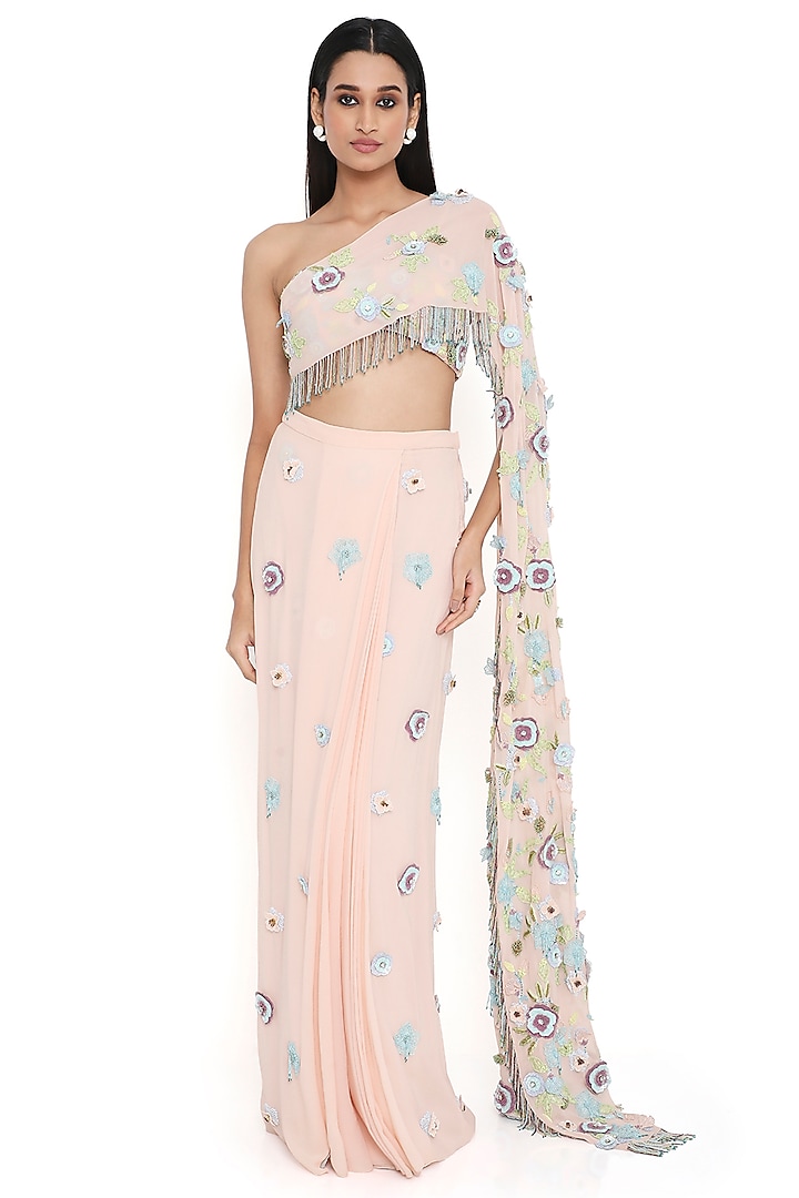 Blush Pink Georgette Embroidered Pre-Stitched Skirt Set by Payal Singhal at Pernia's Pop Up Shop