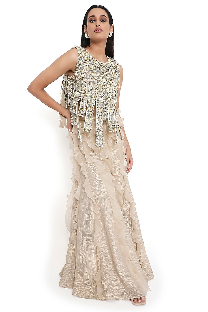 Off-White Tissue & Organza Ruffled Bridal Sharara Set by Payal Singhal at Pernia's Pop Up Shop