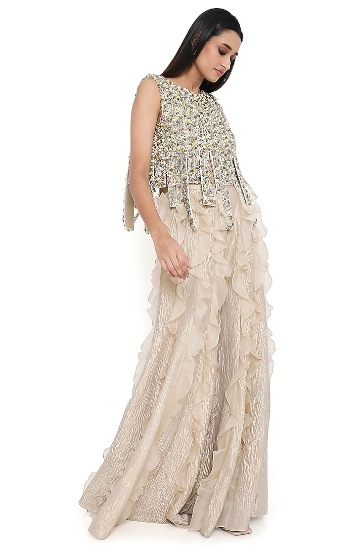 Off-White Tissue & Organza Ruffled Bridal Sharara Set by Payal Singhal at Pernia's Pop Up Shop