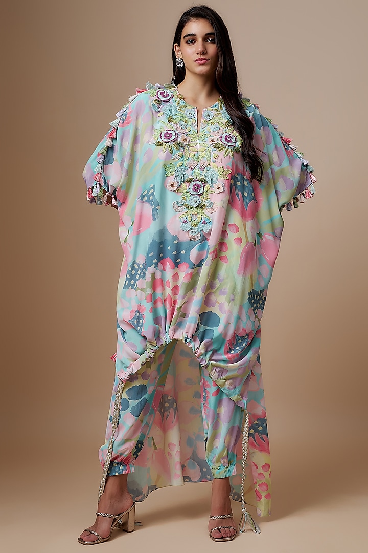 Multi-Colored Crepe Printed & Hand Embroidered Kaftan Set by Payal Singhal