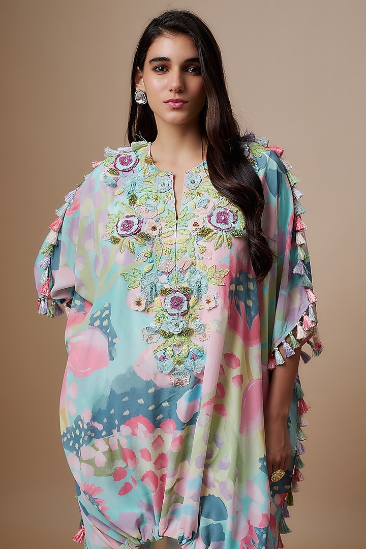 Multi-Colored Crepe Printed & Hand Embroidered Kaftan Set by Payal Singhal at Pernia's Pop Up Shop