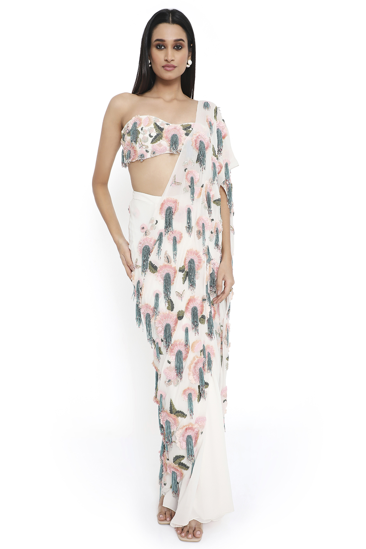 Off-White Georgette Embroidered Pre-Stitched Bridal Saree Set by Payal Singhal at Pernia's Pop Up Shop