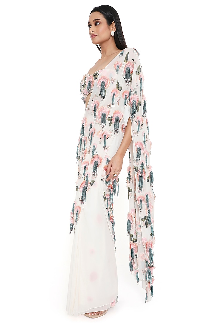 Off-White Georgette Embroidered Pre-Stitched Bridal Saree Set by Payal Singhal at Pernia's Pop Up Shop