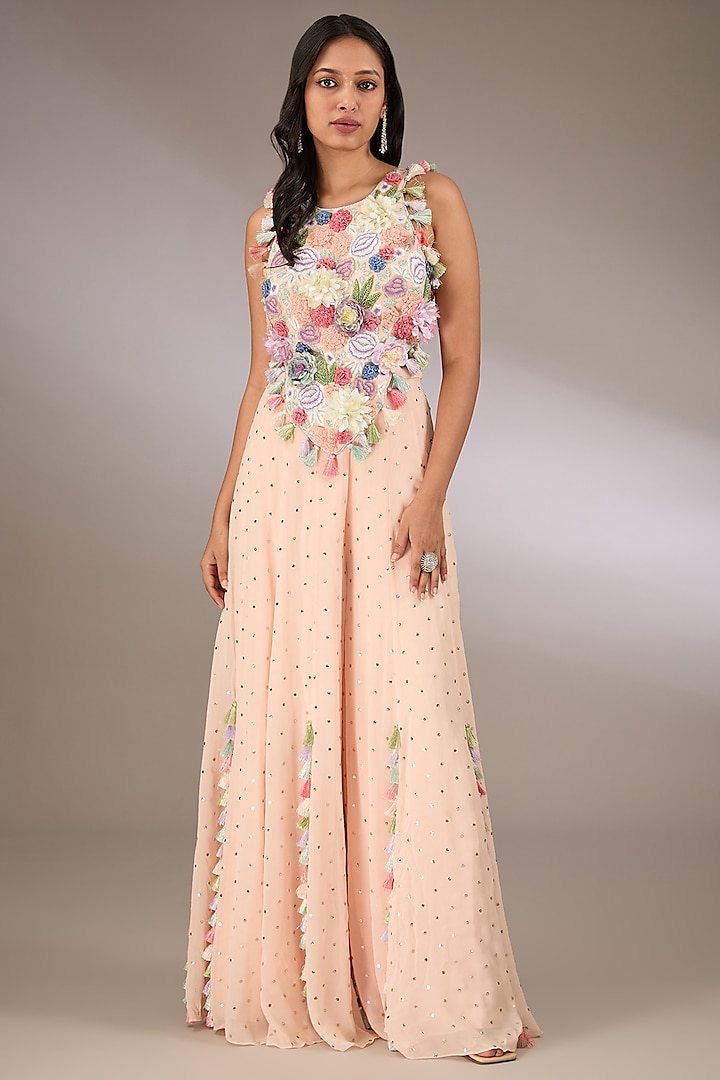 Peach Mukaish Georgette Sharara Set by Payal Singhal at Pernia's Pop Up Shop