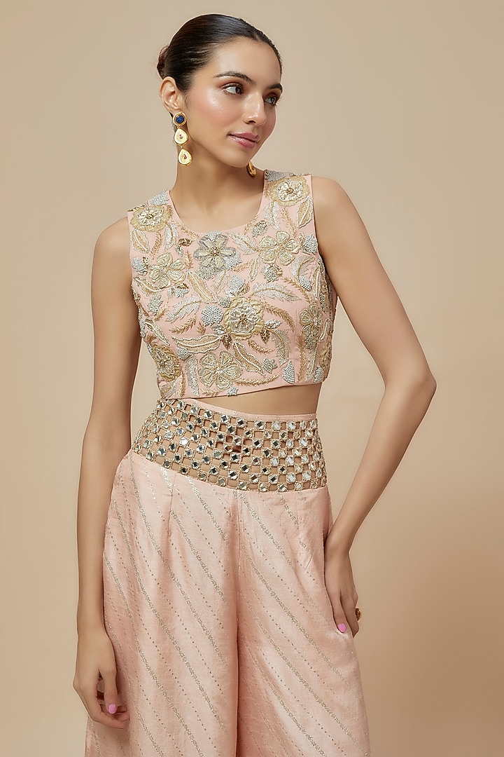 Blush Pink Dola Silk Palazzo Pant Set by Payal Singhal at Pernia's Pop Up Shop