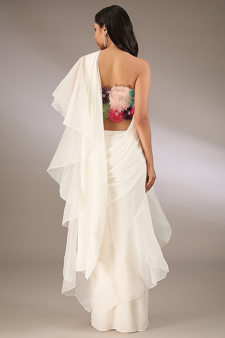 Off-White Georgette & Organza Ruffled Wedding Saree Set by Payal Singhal at Pernia's Pop Up Shop
