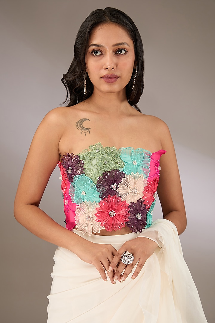 Off-White Georgette & Organza Ruffled Wedding Saree Set by Payal Singhal at Pernia's Pop Up Shop