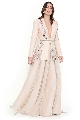 Sone Color Organza Embroidered Jacket Lehenga Set by Payal Singhal