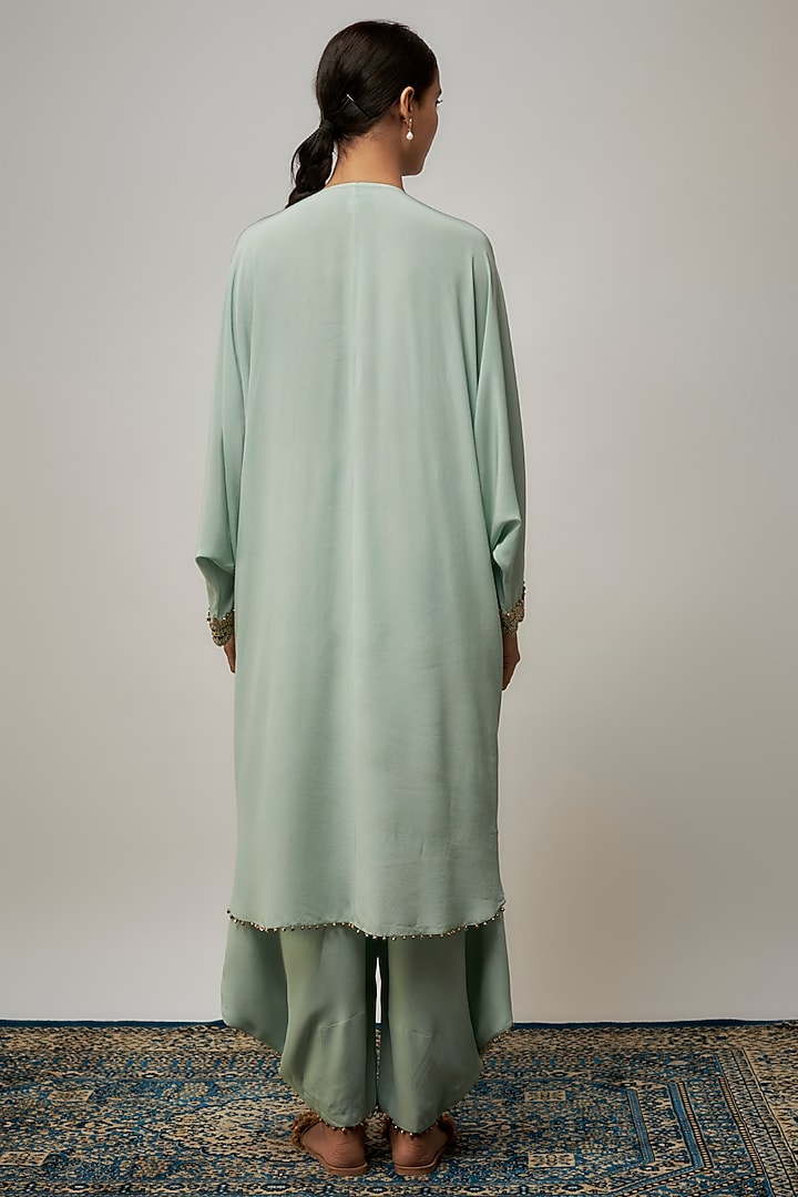 Seafoam Green Crepe Hand Embroidered Kaftan Set by Payal Singhal at Pernia's Pop Up Shop