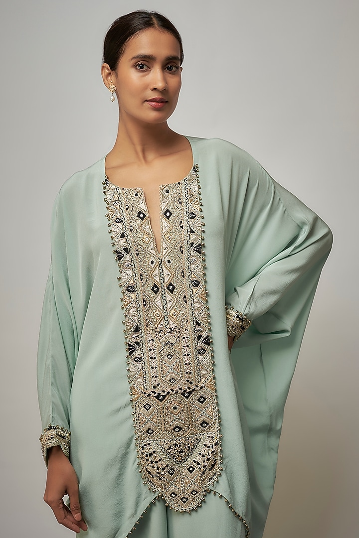 Seafoam Green Crepe Hand Embroidered Kaftan Set by Payal Singhal at Pernia's Pop Up Shop