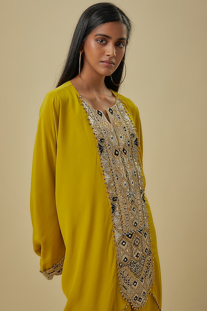 Olive green Crepe Hand Embroidered Kaftan Set by Payal Singhal at Pernia's Pop Up Shop