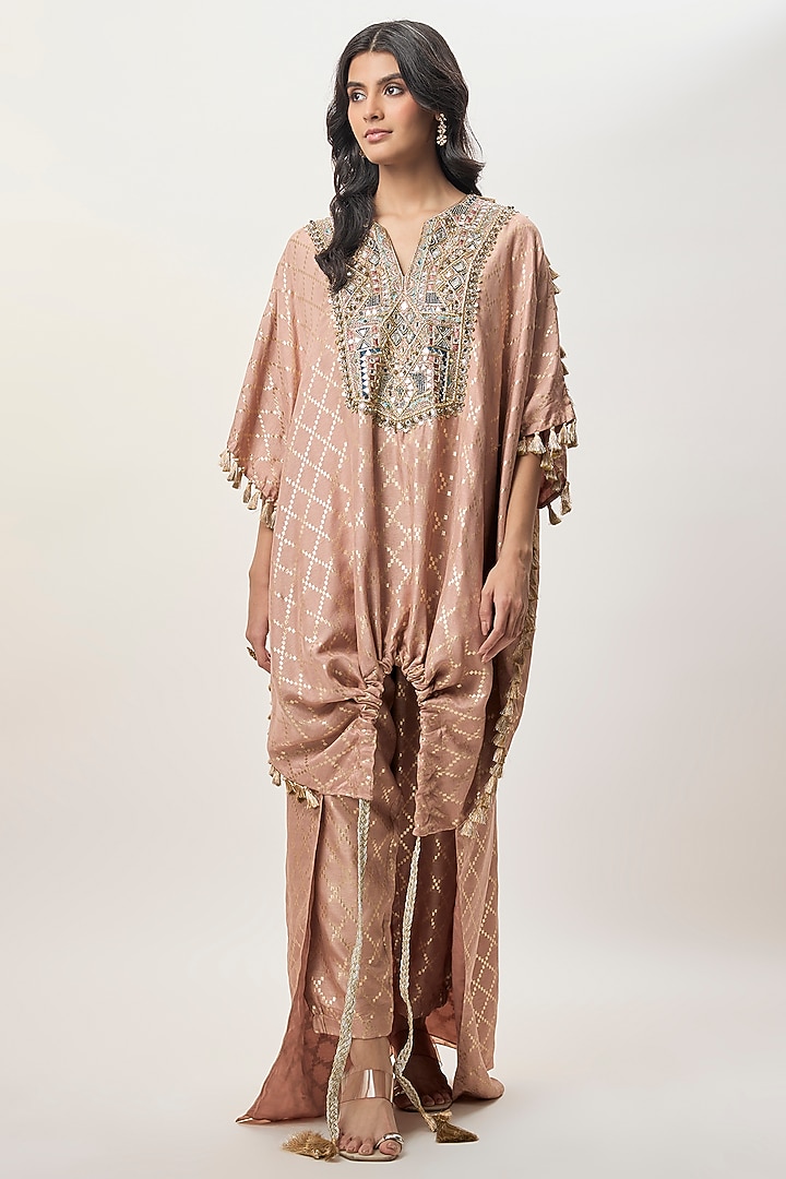 Coral Dola Silk Mirror Embroidered Kaftan Set by Payal Singhal at Pernia's Pop Up Shop