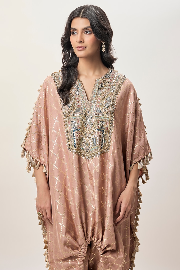 Coral Dola Silk Mirror Embroidered Kaftan Set by Payal Singhal at Pernia's Pop Up Shop