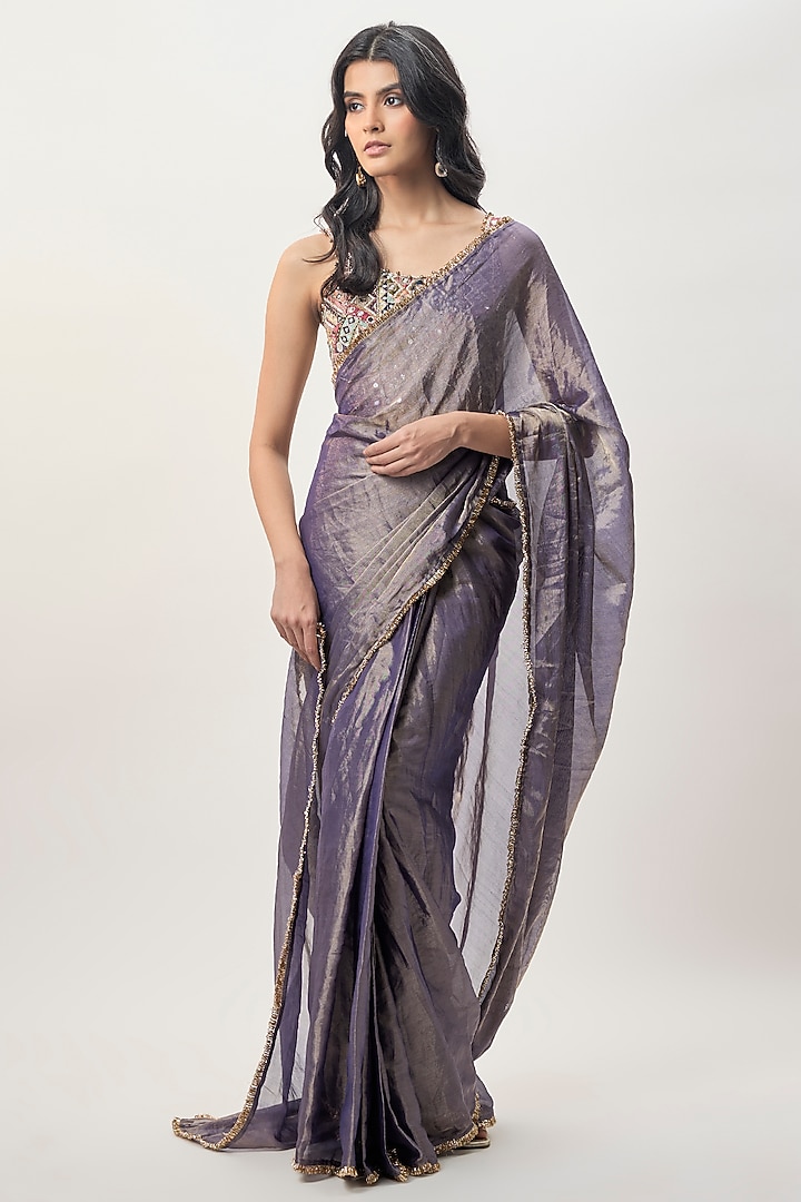 Purple Tissue Pre-Stitched Wedding Saree Set by Payal Singhal at Pernia's Pop Up Shop