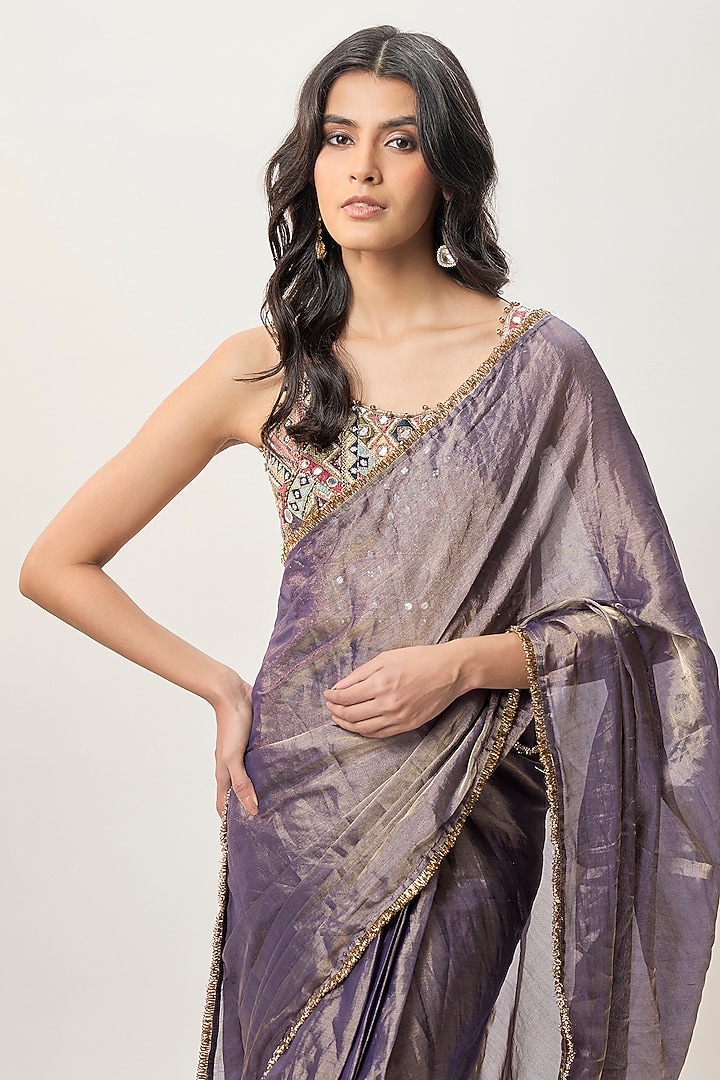 Purple Tissue Pre-Stitched Wedding Saree Set by Payal Singhal at Pernia's Pop Up Shop