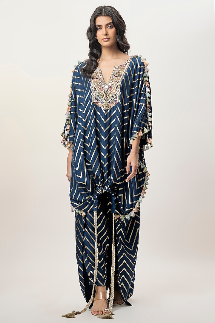 Navy Blue Dola Silk Mirror Embroidered Kaftan Set by Payal Singhal at Pernia's Pop Up Shop