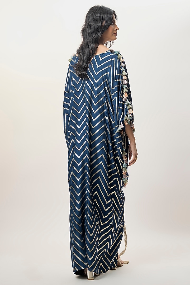 Navy Blue Dola Silk Mirror Embroidered Kaftan Set by Payal Singhal at Pernia's Pop Up Shop