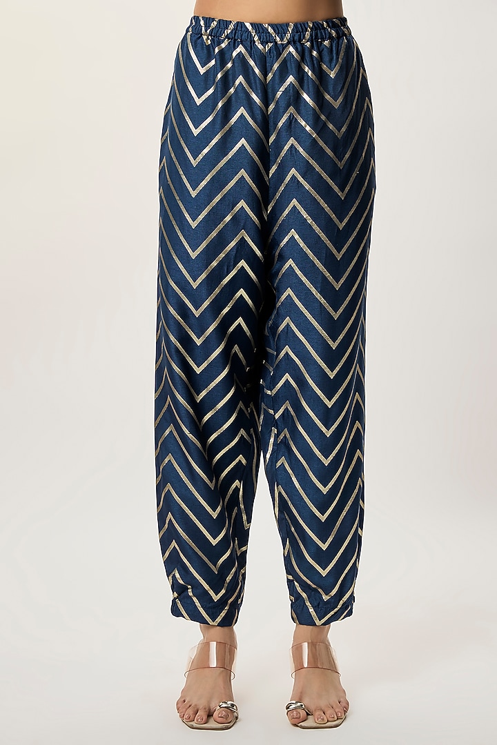 Navy Blue Dola Silk Mirror Embroidered Kaftan Set by Payal Singhal at Pernia's Pop Up Shop