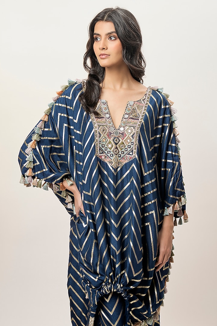 Navy Blue Dola Silk Mirror Embroidered Kaftan Set by Payal Singhal at Pernia's Pop Up Shop