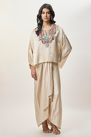 Champagne Modal Satin Skirt Set by Payal Singhal