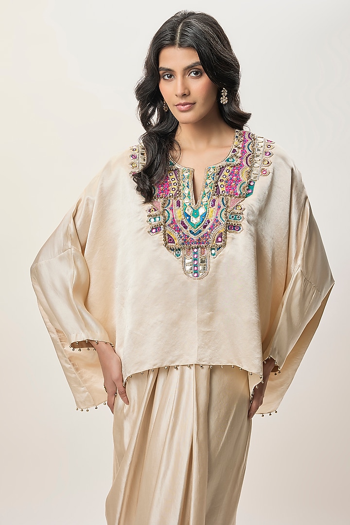 Champagne Modal Satin Skirt Set by Payal Singhal at Pernia's Pop Up Shop