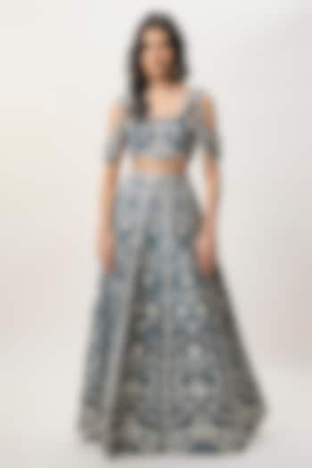 Navy Blue Velvet Embroidered Wedding Lehenga Set by Payal Singhal at Pernia's Pop Up Shop