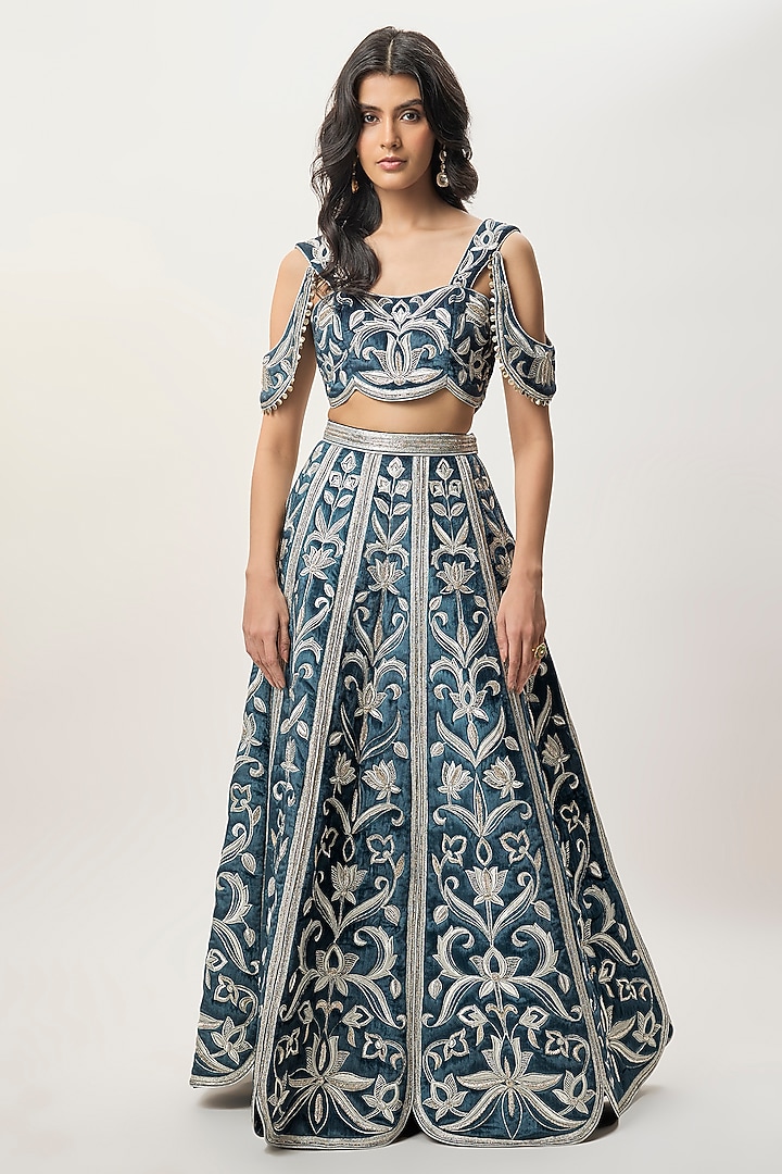Navy Blue Velvet Embroidered Wedding Lehenga Set by Payal Singhal at Pernia's Pop Up Shop