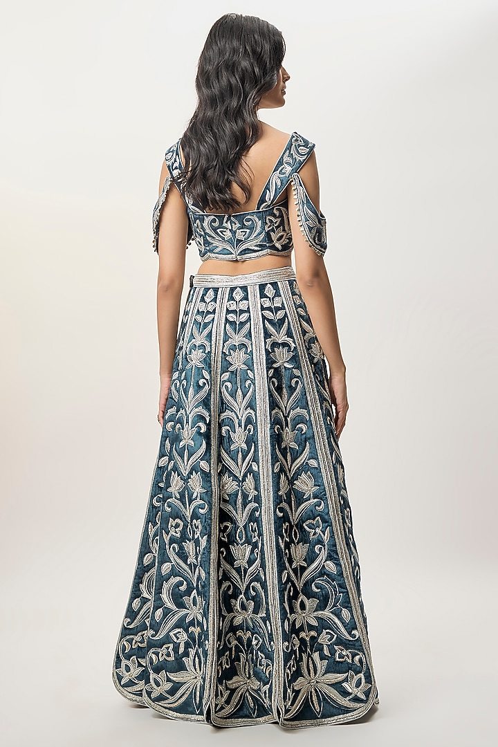 Navy Blue Velvet Embroidered Wedding Lehenga Set by Payal Singhal at Pernia's Pop Up Shop