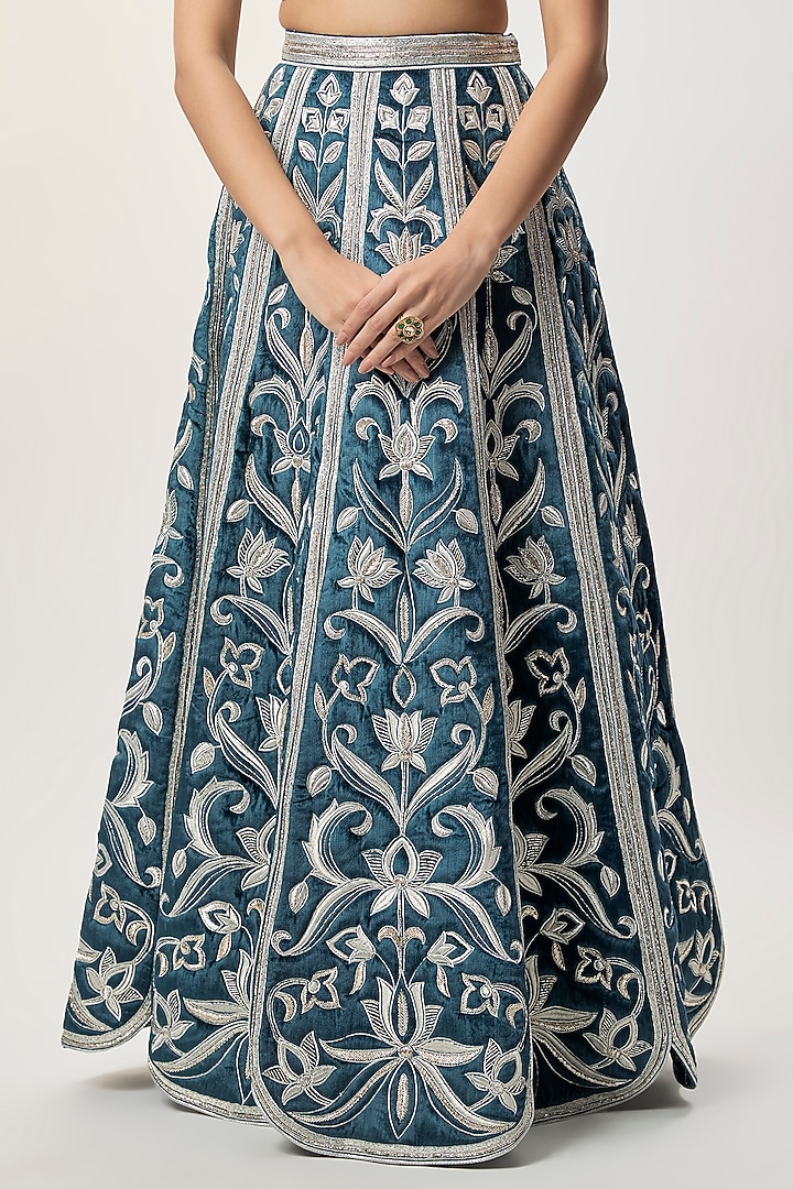 Navy Blue Velvet Embroidered Wedding Lehenga Set by Payal Singhal at Pernia's Pop Up Shop