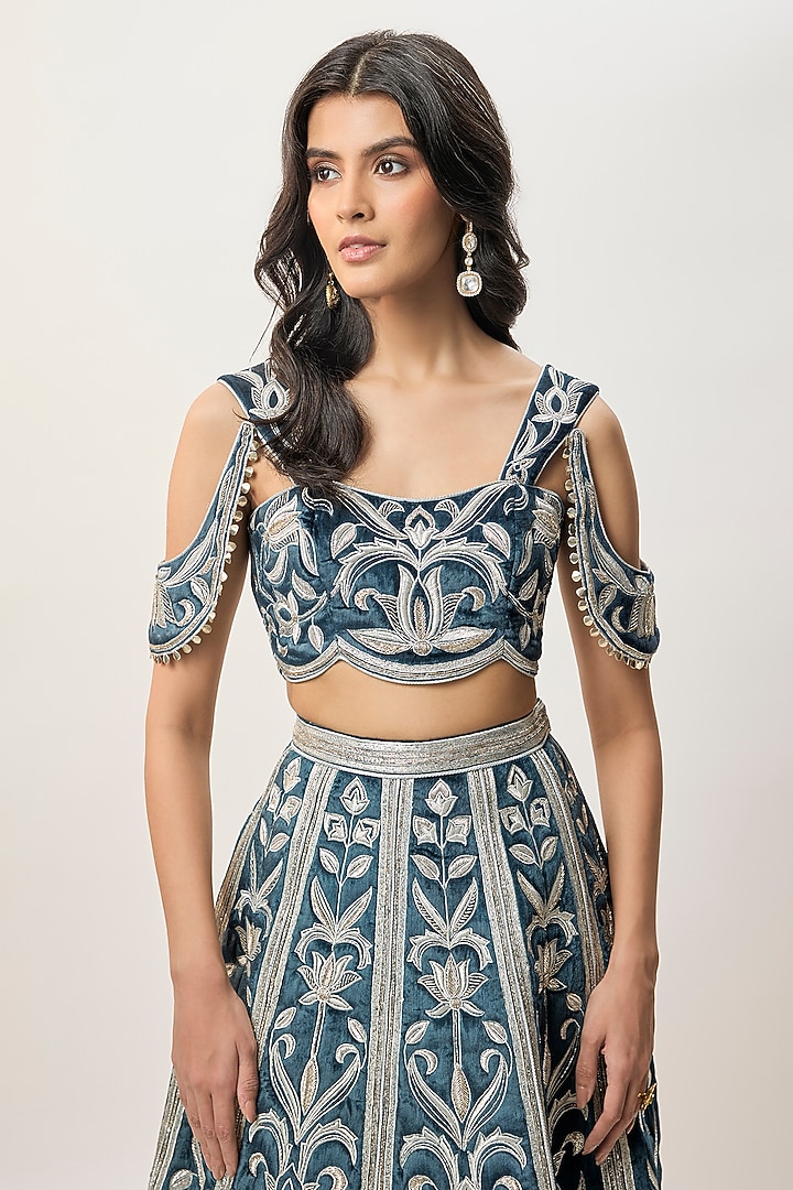 Navy Blue Velvet Embroidered Wedding Lehenga Set by Payal Singhal at Pernia's Pop Up Shop