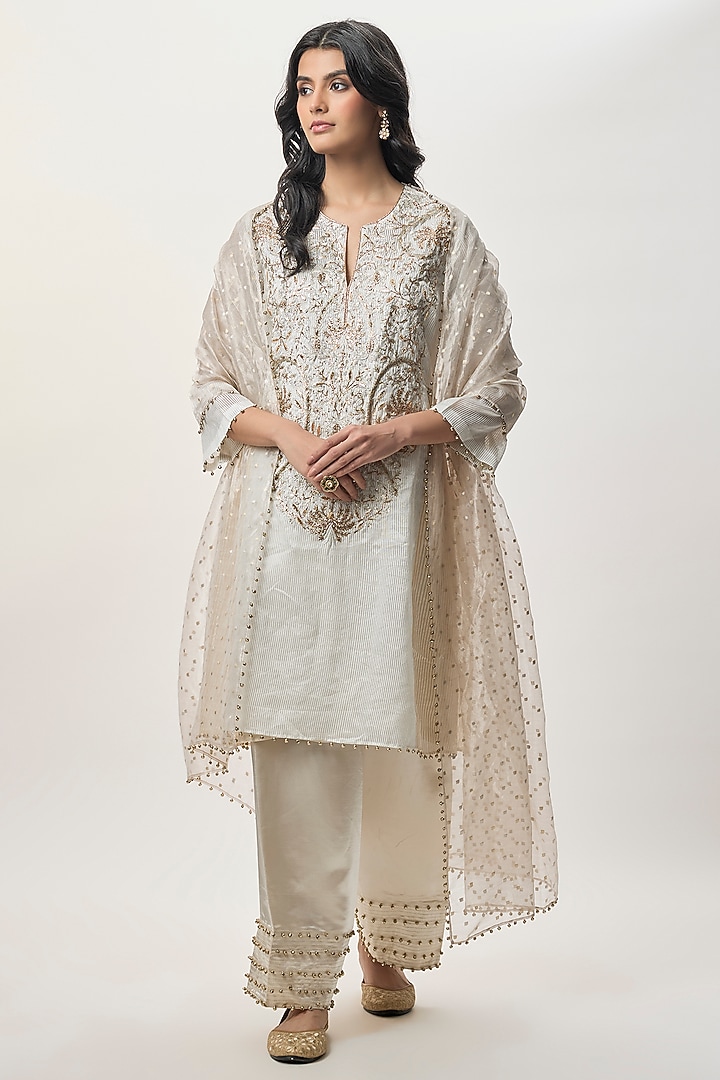 Beige Stripe Tissue Embroidered Kurta Set by Payal Singhal at Pernia's Pop Up Shop
