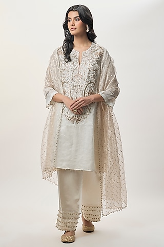 Beige Stripe Tissue Embroidered Kurta Set by Payal Singhal