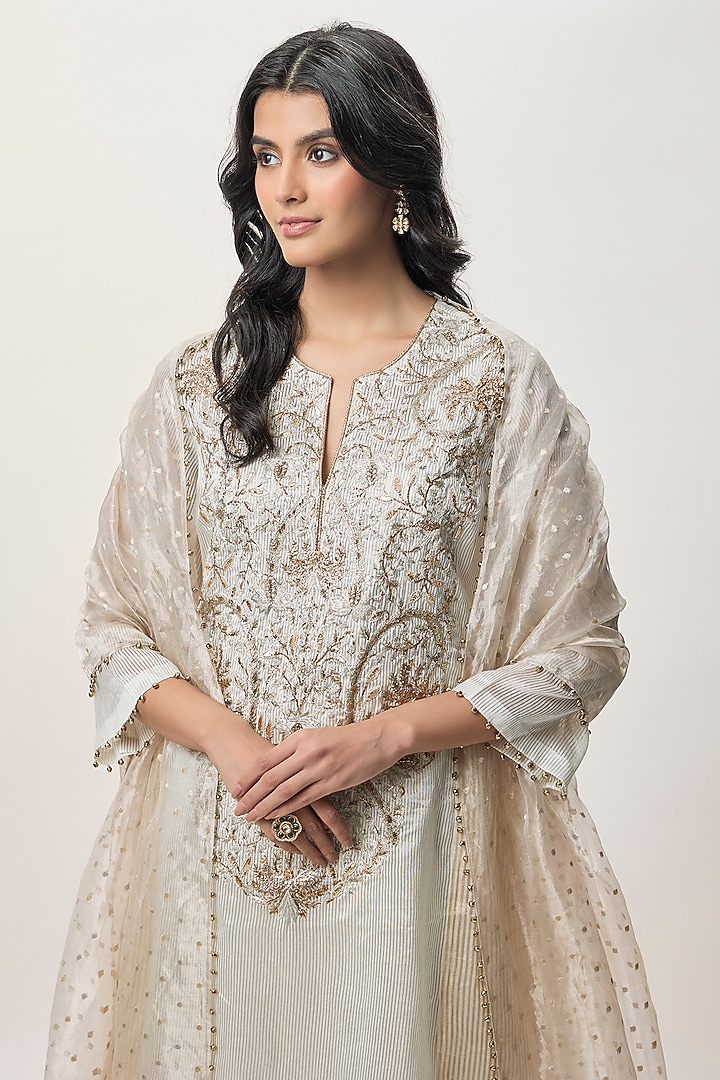 Beige Stripe Tissue Embroidered Kurta Set by Payal Singhal at Pernia's Pop Up Shop